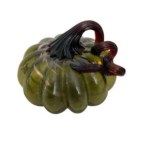 PIER 1 PUMPKIN Hand Blown Crackled Glass Curled Stem Green Gold NWOT